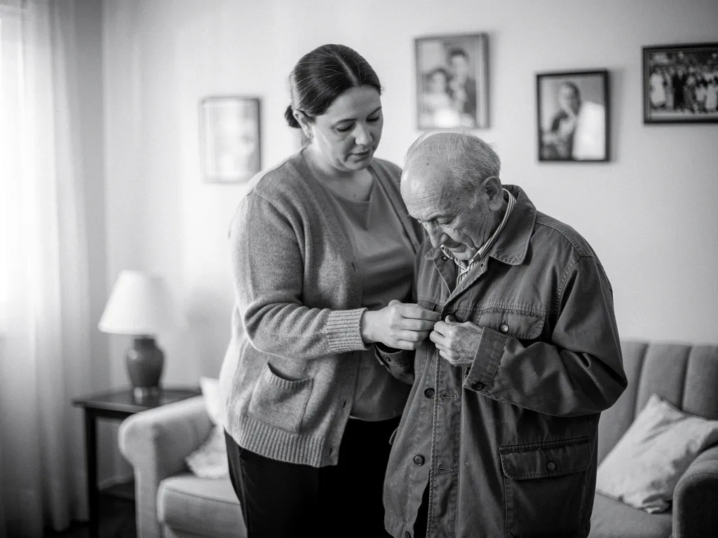 A caregiver helps an older man button his coat in his living room.
