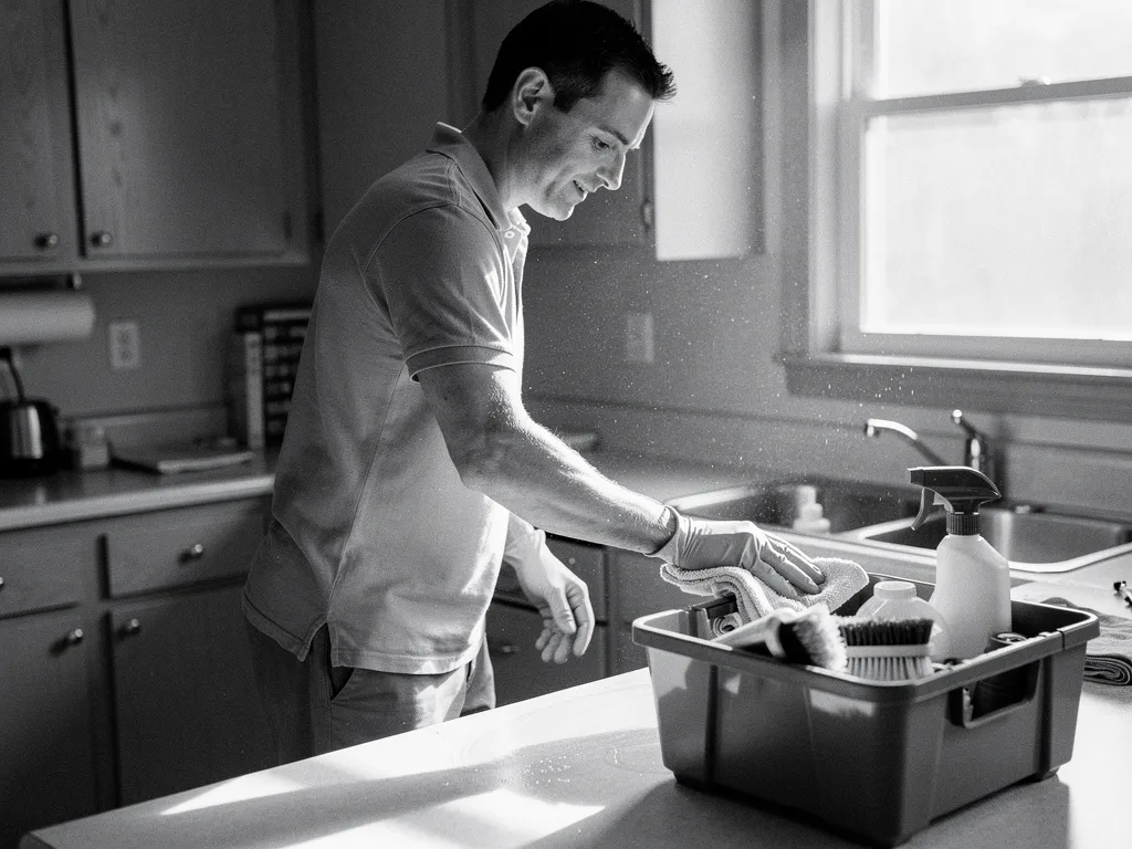 A house cleaner wipes down a kitchen counter.