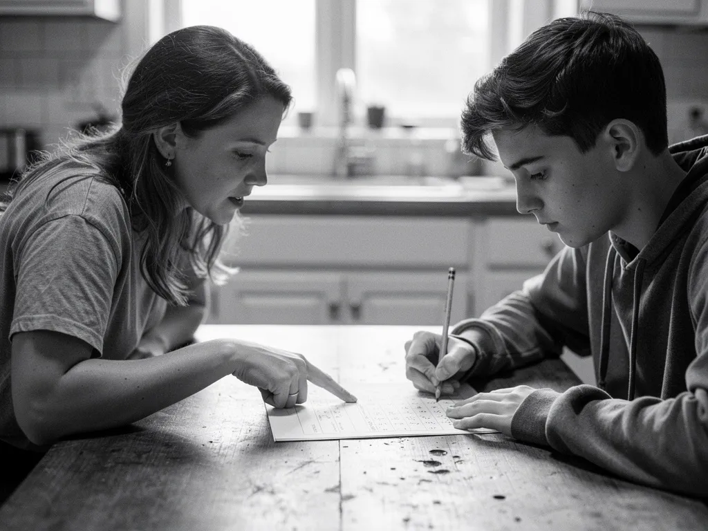 A tutor points to a worksheet while a teenage student works a problem.